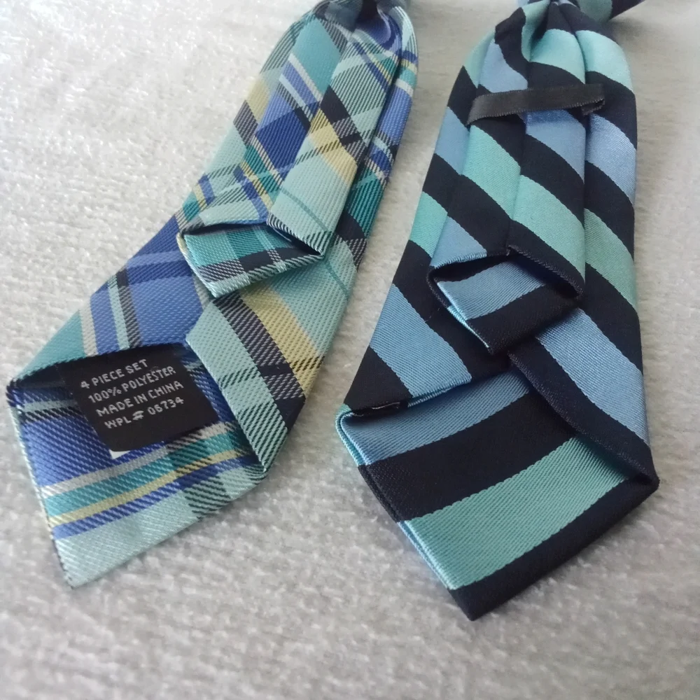 Boys 2 Clip On Ties Blue Stripes & Plaid